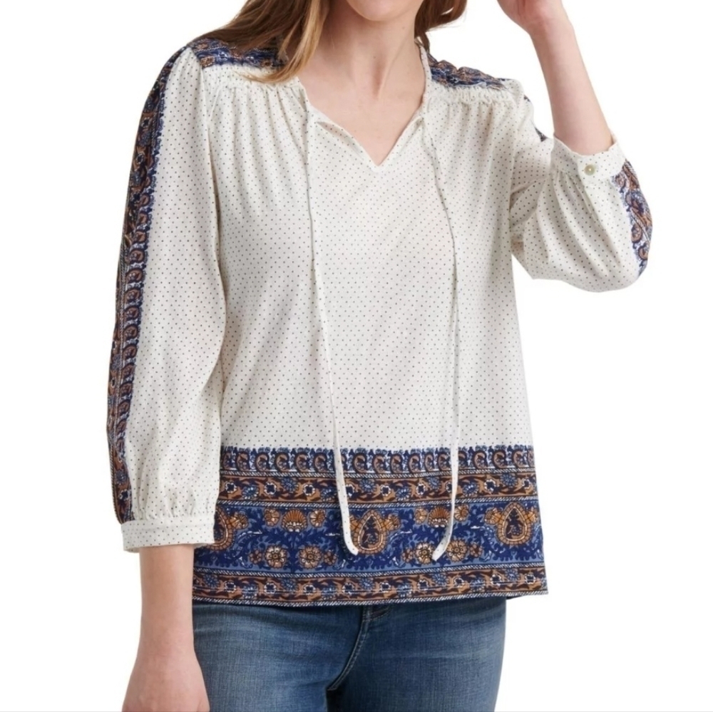 Lucky Brand Polka Dot Boho Printed Peasant White Top 3/4 Sleeves Relax Vacation